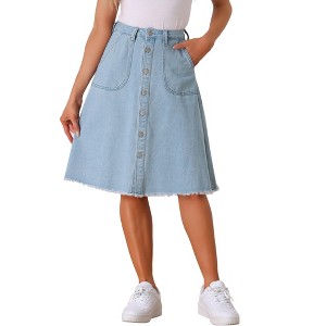 INSPIRE CHIC Women's Raw Hem Single Breasted Button Down A-Line Midi Jeans Skirt - 1 of 4