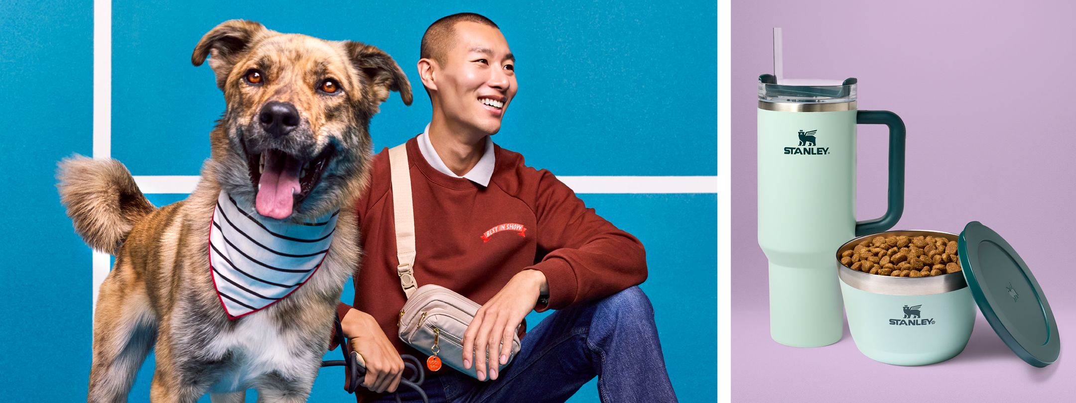 featuring a man wearing a sweatshirt and fanny pack from the collection with a dog wearing a bandana; and matching Stanley travel mug and dog lidded dog dish.