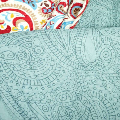 Seafoam and Red Boho Chic Reversible Cotton Full Quilt Set