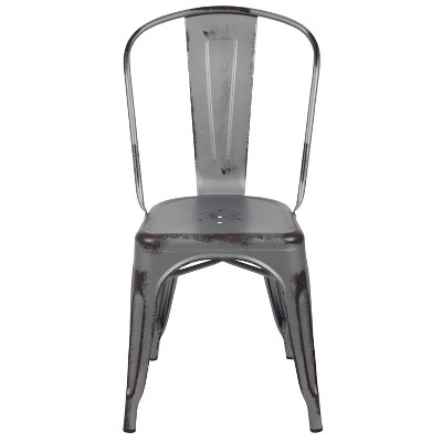 Distressed Silver Gray Metal Indoor-Outdoor Stackable Armless Chair