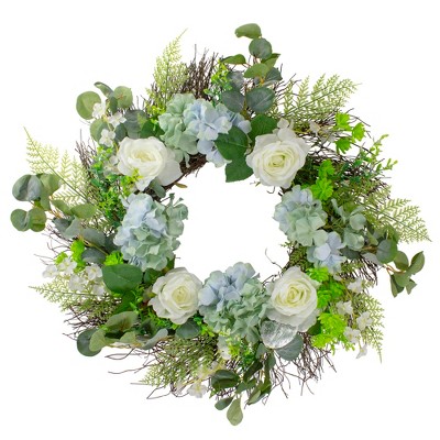 Northlight Hydrangea, Rose and Geranium Artificial Floral Spring Wreath, White and Blue - 24-Inch