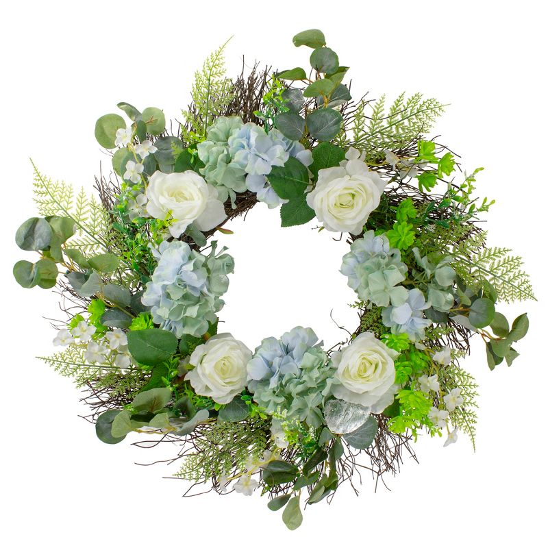 Northlight Hydrangea, Rose and Geranium Artificial Floral Spring Wreath, White and Blue - 24-Inch, 1 of 5
