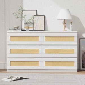Modern Rattan 6-Drawer Dresser for Bedroom - Slim Wooden Chest of Drawers, Durable Freestanding Storage Organizer Cabinet - 1 of 4