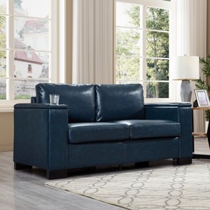 GDFStudio Maribel 67.7" Modern Rubberwood Faux Leather Upholstered Storage Loveseat with Cushions and Cup Holder - 1 of 4