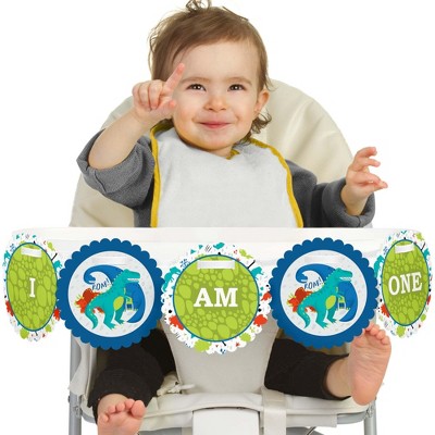 Big Dot of Happiness Roar Dinosaur 1st Birthday Highchair Decor - I Am One - First Birthday High Chair Banner