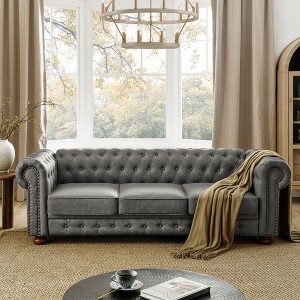 Lycvki Chesterfield Tufted Linen Upholstered 3-Seater Sofa with Nailhead Decoration and Scrolled Arm - 1 of 4