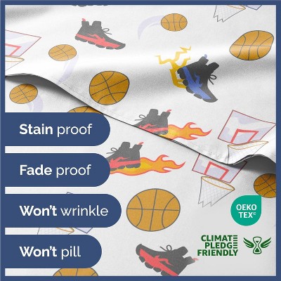 Kids Basketball Print Blue Microfiber Queen Sheet Set