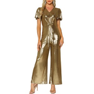 INSPIRE CHIC Women's V Neck Short Flutter Sleeve Self Tie Front Casual Jumpsuits - 1 of 4