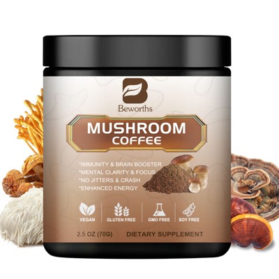 B Beworth Organic Instant Mushroom Coffee Powder - with Reishi, Cordyceps, Lion's Mane, Chaga - for Energy & Immunity Support, 70g