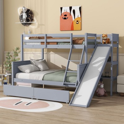 NicBex Twin over Full Bunk Bed Wooden Bed Frame with 2 Drawers, Slide, Inclined Ladder and Full Length Guardrail, No Box Spring Required