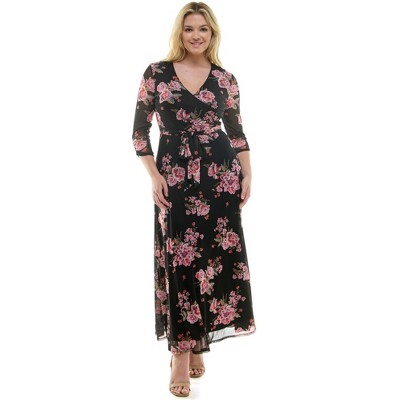 Harlow & Rose Womens 3/4 Sleeve Faux Wrap Maxi Dress
