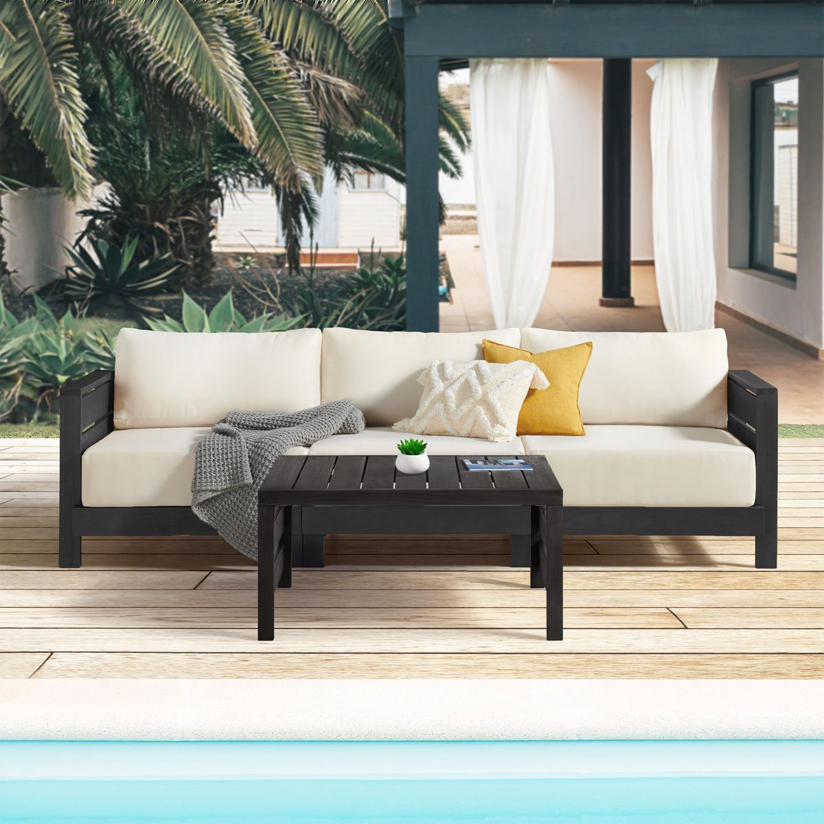 Alaterre Furniture Barton Outdoor Patio Furniture Set with Sofa and Coffee Table - Weather-Resistant Eucalyptus Wood Patio Furniture Set (Black) - thumbnail 2