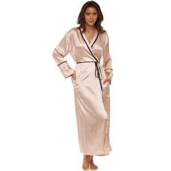 Womens Silk Satin Robe - Solid Color White Pipping