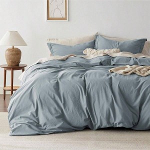 100 Washed Cotton Duvet Cover, Queen, Dusty Blue, Set of 3 - 1 of 4