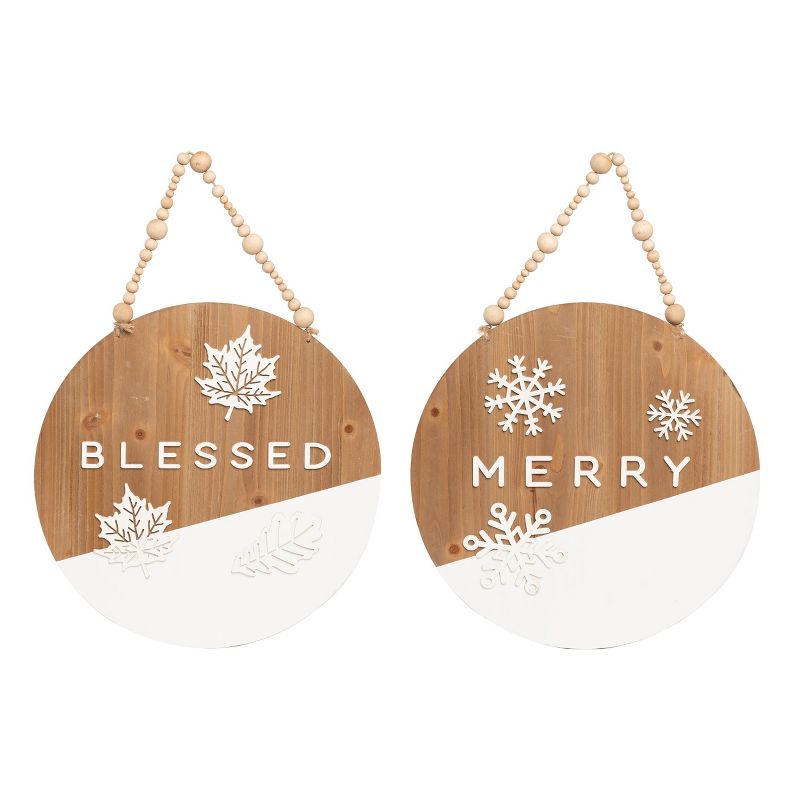 Transpac Wood 22.83 in. Multicolored Christmas Reversible Merry/Blessed Decor, 1 of 2