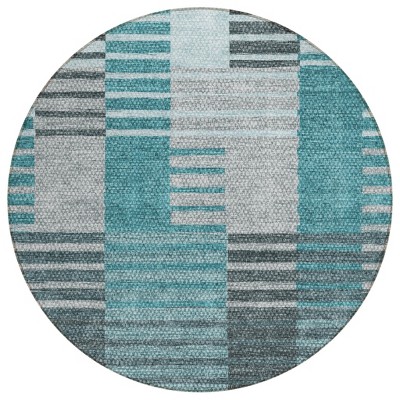 Teal Blue Aqua And Gray Striped Washable Indoor Outdoor Area Rug