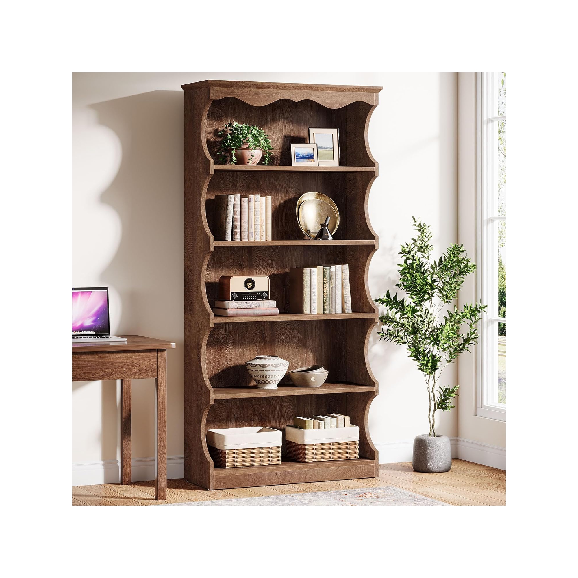 Lantine 70-Inch Tall 5-Tier Open Bookshelf with Curved-Edge Design, Wood Vintage Display Shelves for Living Room, Home Office, Bedroom