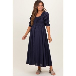 Pinkblush Navy Smocked Ruffle Square Neck Maternity Midi Dress - 1 of 4