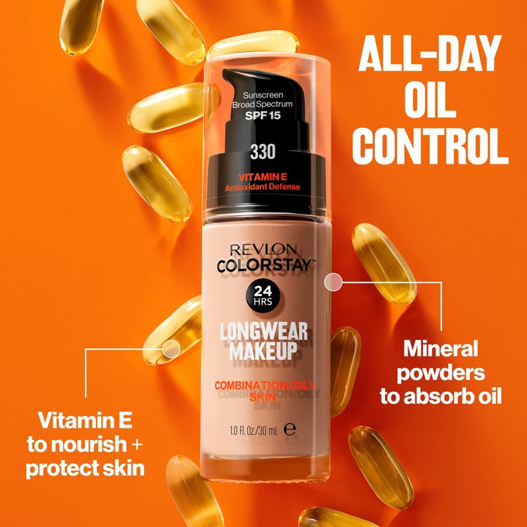 A bottle of Revlon ColorStay 24 HRS Longwear Makeup for combination/oily skin with SPF 15 and Vitamin E, surrounded by capsules, on an orange background.