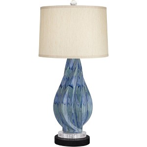 Possini Euro Design Teresa Modern Table Lamp with Round Black Marble Riser 31" Tall Teal Ceramic Beige Drum Shade for Bedroom Living Room Nightstand - 1 of 4