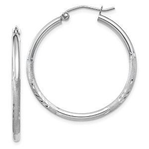 Black Bow Jewelry 2mm x 30mm 14k White Gold Satin & Diamond-Cut Round Hoop Earrings - 1 of 4