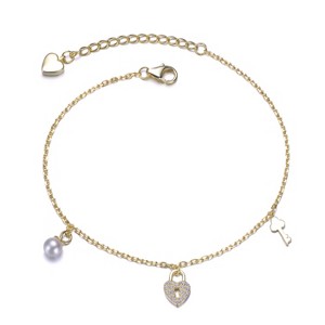 Guili 14K Gold Plated Multiple Charm Bracelet with Clear Cubic Zirconia and Mother of Pearl Offers Elegant Sparkle and Soft, Timeless Beauty - 1 of 2