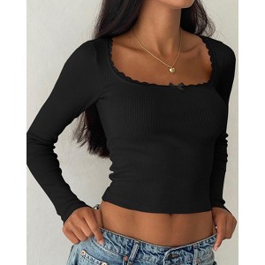 Women's Slim Fit Lace Trim U-Neck T-Shirt Stretchy Basic Top for Daily Wear - 1 of 4