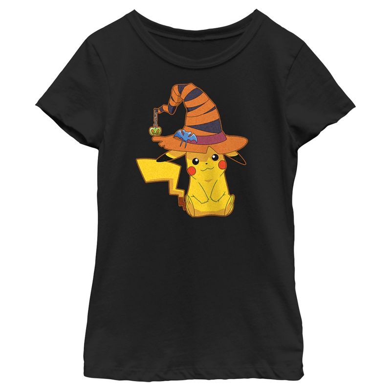Girl's Pokemon Halloween Pikachu Witch Hat T-Shirt, 1 of 5
