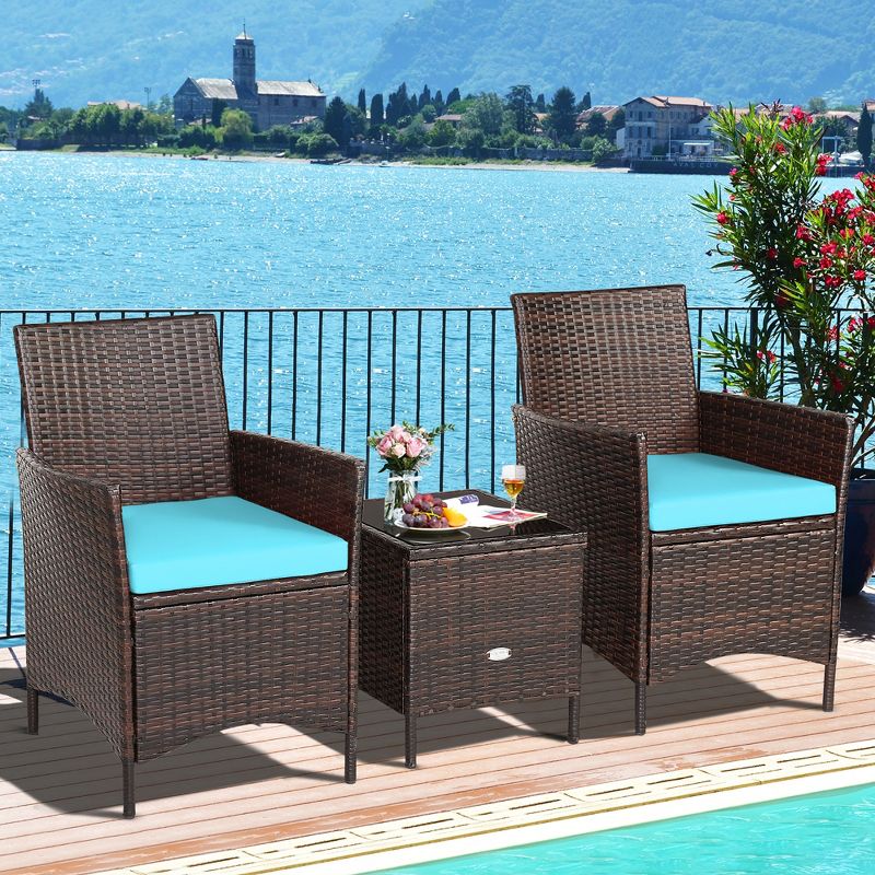 Costway 3PCS Patio Rattan Furniture Set Cushioned Sofa Glass Tabletop Deck Red\Blue\ White, 3 of 13