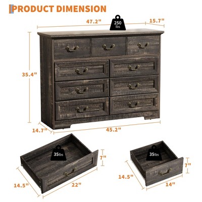 9-Drawer Dresser for Bedroom, 47" Wide Dressers Wood Vintage Chest of Drawers with Natural Texture and Vintage Gold Floral Handles