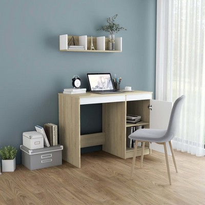 Clihome 39.4 Inch Modern Sonoma Oak Computer Desk with Built-in Storage Cabinet for Home Office