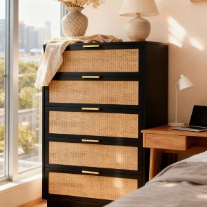 5 Drawer Dresser for Bedroom 47" Tall Rattan Wood Modern Dresser Storage, Chest of Drawers for Living Room Closet Hallway - 1 of 4