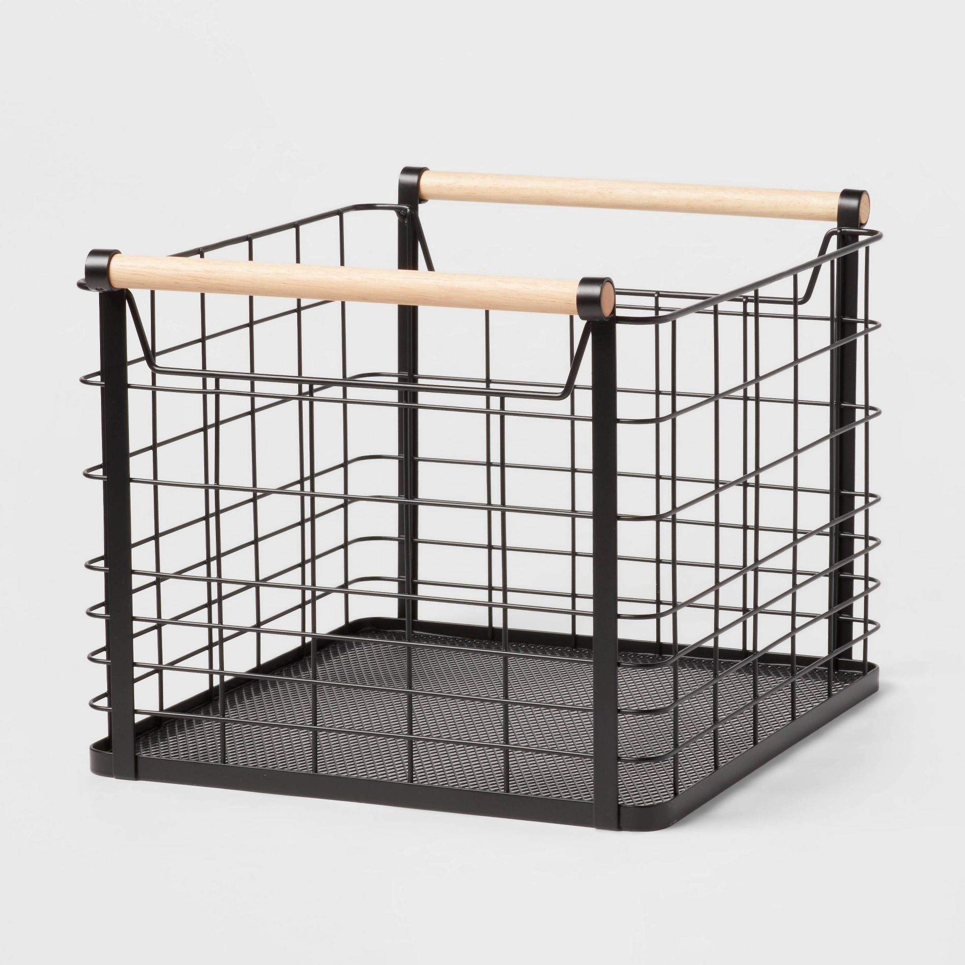 Large Wire Natural Wood Handles Milk Crate Black - Brightroom™: Powder-Coated Metal Storage Basket with Handles