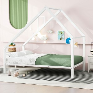 LOVMOR 77.55 Inch Twin Size Metal Floor Bed with House-shaped Headboard,No Box Spring Required,for Kids Teens Adults Bedroom,Easy Assembly，White - 1 of 4