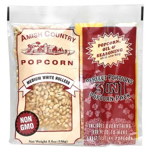 Amish Country Popcorn, Perfect Portions 3 in 1 Popcorn Pack, Medium White Hulless, 5.5 oz (156 g) - 1 of 2