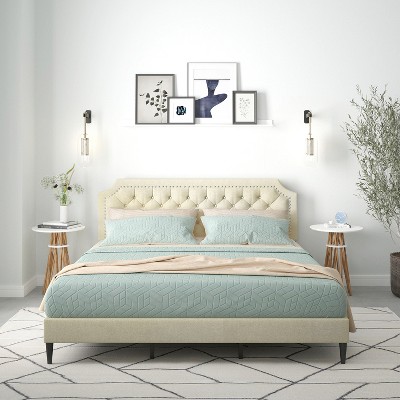 Glenwillow Home Curta Upholstered Platform Bed, Clipped Nailhead Trim with Button Tufting, Mattress Foundation, No Box Spring Needed, Beige, King