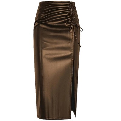 Womens Fashionable Slim Fit PU Leather Skirt Side Slit Drawstring Pencil Skirt Brown M