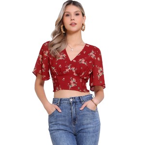 INSPIRE CHIC Women's Floral Flare Short Sleeve V Neck Summer Smocked Crop Tops - 1 of 4