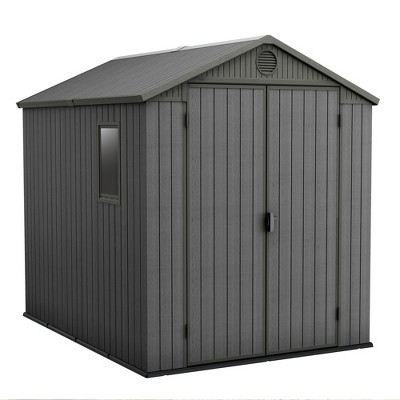 Keter Darwin 6 Ft x 8 Ft Outdoor Garden Tool Storage Shed Durable Resin Organizer with Window, Lockable Door and Built-in Ventilation, Graphite Gray