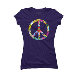 Junior's Design By Humans Cool Retro Flowers Peace Sign By ddtk T-Shirt - 1 of 3