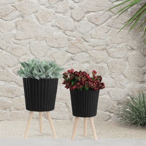 Maggift Planters Ridged Planter with Wood Legs, Decorative Plant Pots for Living Room, Garden, Balcony, Home Decor, Black 19"*19"*19" - 1 of 4