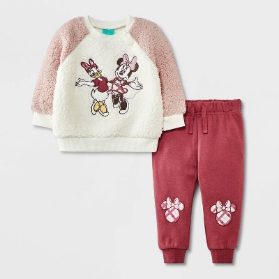 Image of Baby Girls' Minnie and Daisy Faux Shearling Plaid Patch Fleece Set - Pink 3-6M