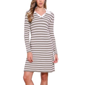 INSPIRE CHIC Women's Casual Long Sleeve Striped V Neck A Line Ribbed Knit Mini Sweater Dresses - 1 of 4