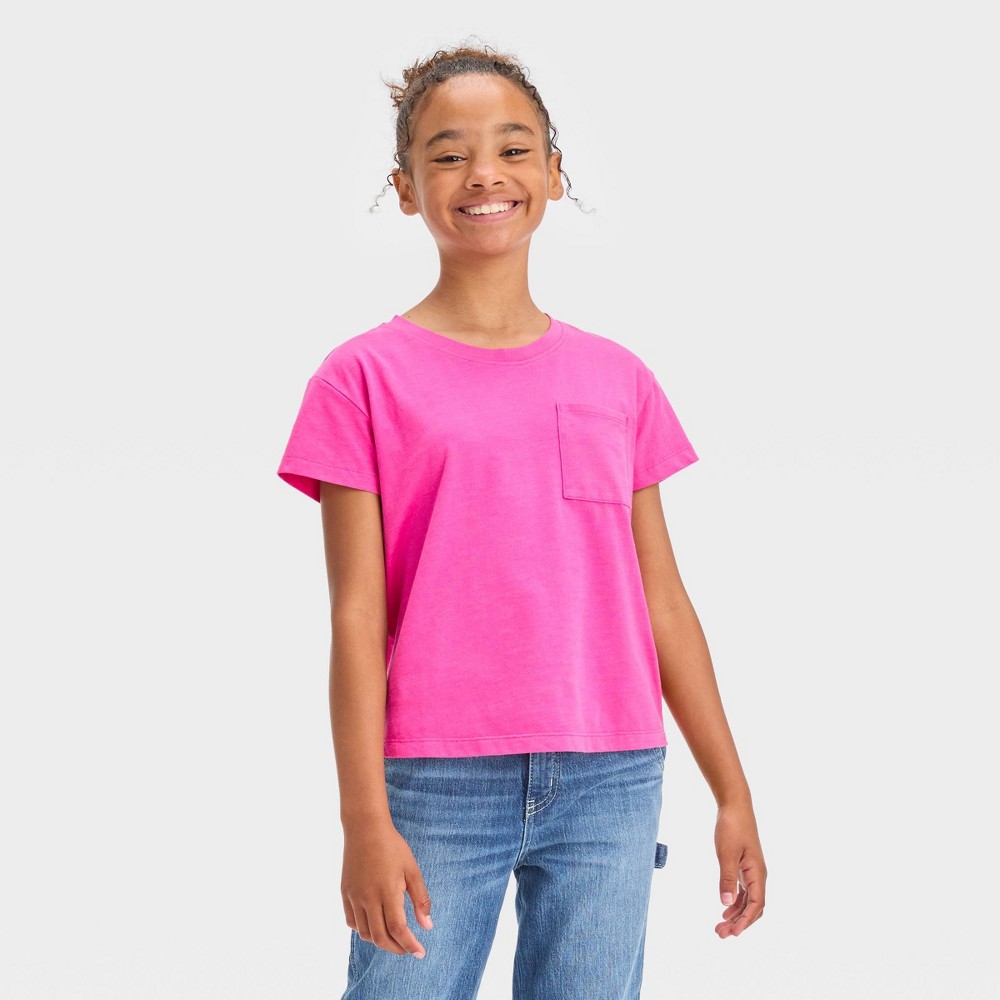 Case Of 12 Pack Girls' Short Sleeve Relaxed Fit Pocket T-Shirt - Cat & Jack™ Bright Pink XL