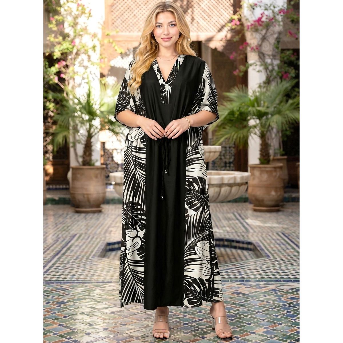 LA LEELA Summer Rayon Blend Women Caftan Dress Resortwear Vacation Holiday Cruise Pregnancy Wear Relaxed Fit Travel Style 2X-3X Black Tie Dye - thumbnail 3