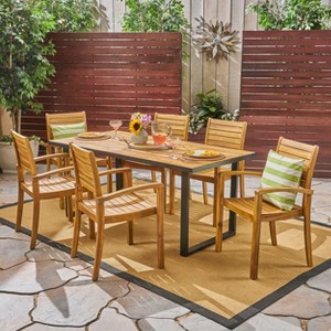 Christopher Knight Home Alderson Outdoor Iron and Acacia Wood 7 Piece Dining Set, Teak and Black - 1 of 4
