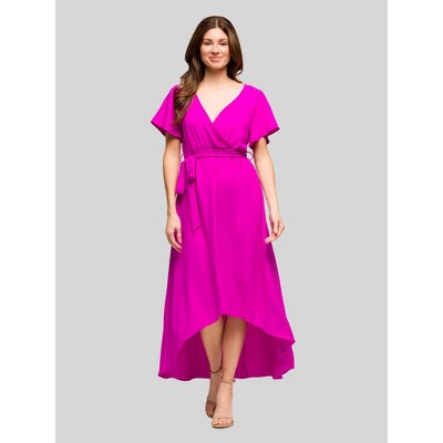 24seven Comfort Apparel Womens V Neck Belted Faux Wrap High Low Dress