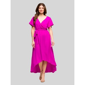 24seven Comfort Apparel Womens V Neck Belted Faux Wrap High Low Dress - 1 of 4