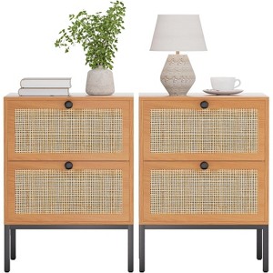 Brafabhome Rattan Nightstands Set of 2 with Drawers, Accent Sofa End Tables Modern Bedside Table with Large Storage for Bedroom Living Room | Beige - 1 of 4
