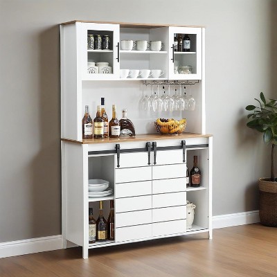 70" Tall Farmhouse Coffee Bar Cabinet with Hutch, Wine Rack, Sliding Barn Doors, Buffet Sideboard